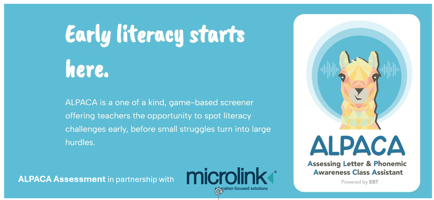 Early Literacy Starts here. An image showing the ALPACA logo. ALPACA stands for Assessing Letter and Phonemic Awareness Class Assistant. Microlink in partnership with ALPACA Assessment in Ireland to make the screening tool available to all English Primary Schools